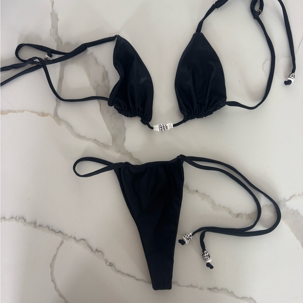 Black String Triangle Bikini Set With Silver Bead… - image 1